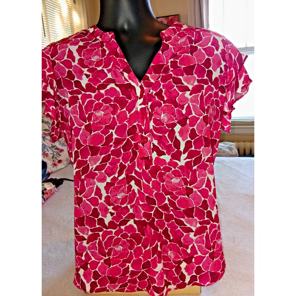 Zac & Rachel Medium Pink Floral Ruffle Short Sleeve V Neck Cottage core Top Blou